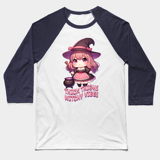 Thick Thighs Witchy Vibes Cute Kawaii Chubby Witch Baseball T-Shirt by WitchyArty